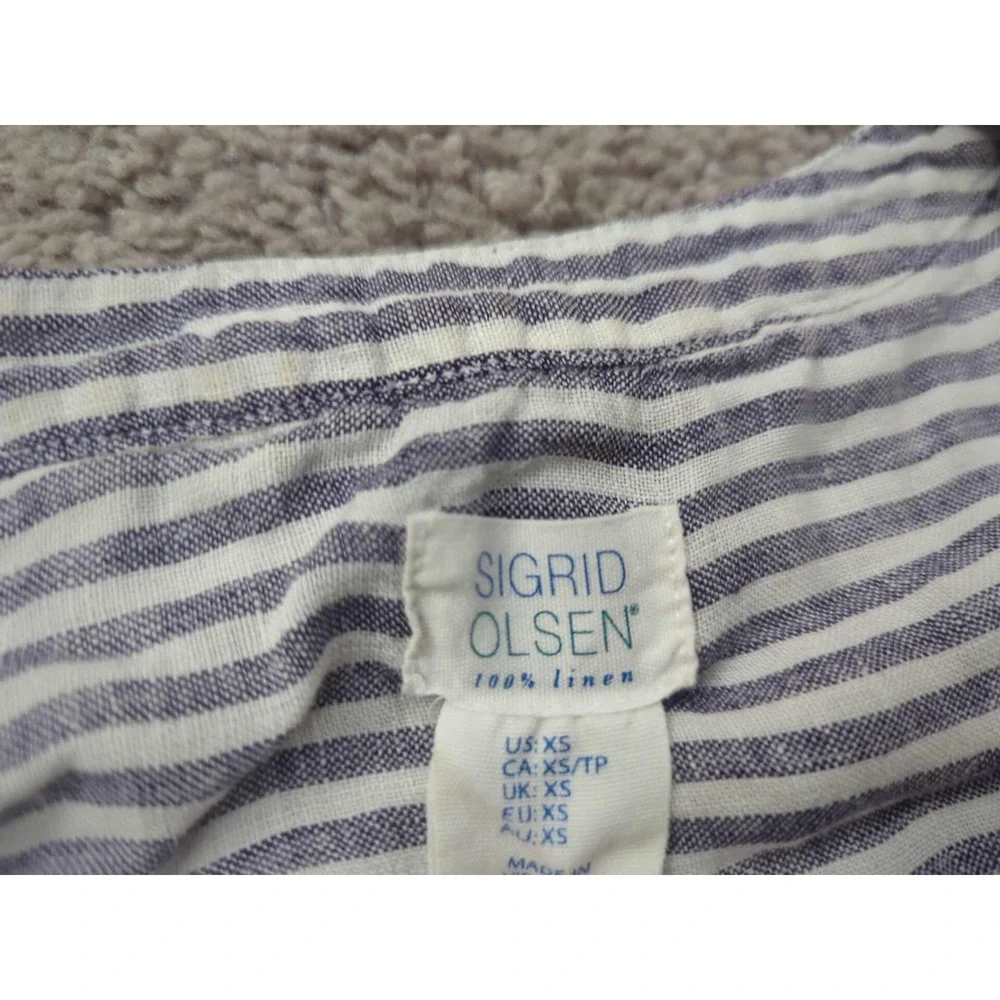 Sigrid‎ Olsen Shirt Womens XS Blue Vertical Stripes 3/4Sleeve Split V-Neck Linen
